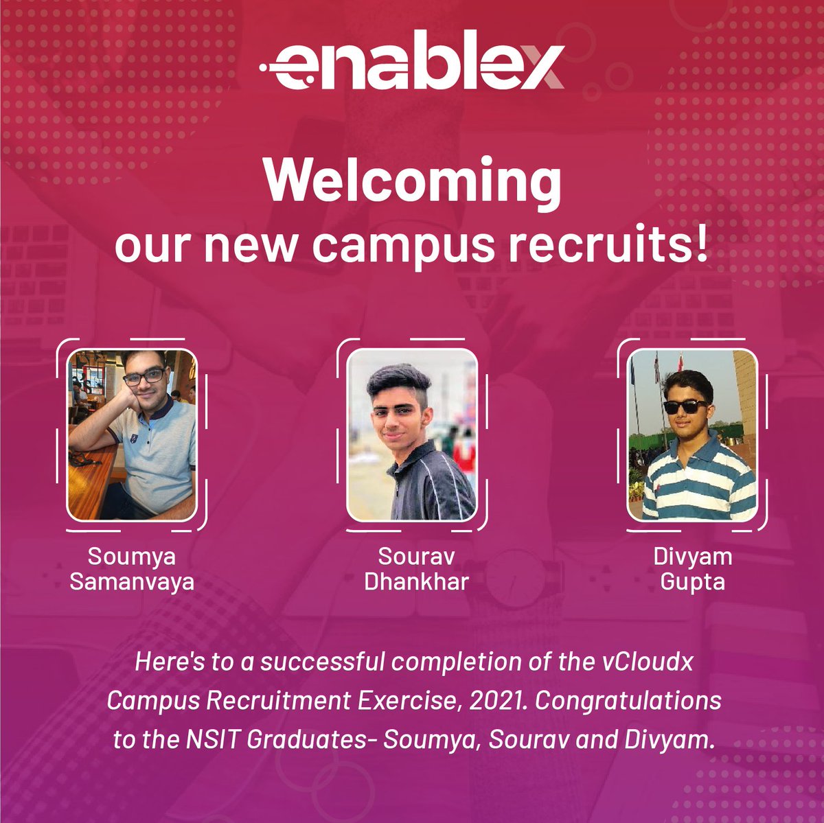 The #EnableX family has new additions. Congratulations to Netaji Subhas Institute of Technology Rockstars on joining our Engineering team. We are so excited to have you on board and look forward to achieving our next milestone together! 
#campusrecruitment #CPaaS #placement2021