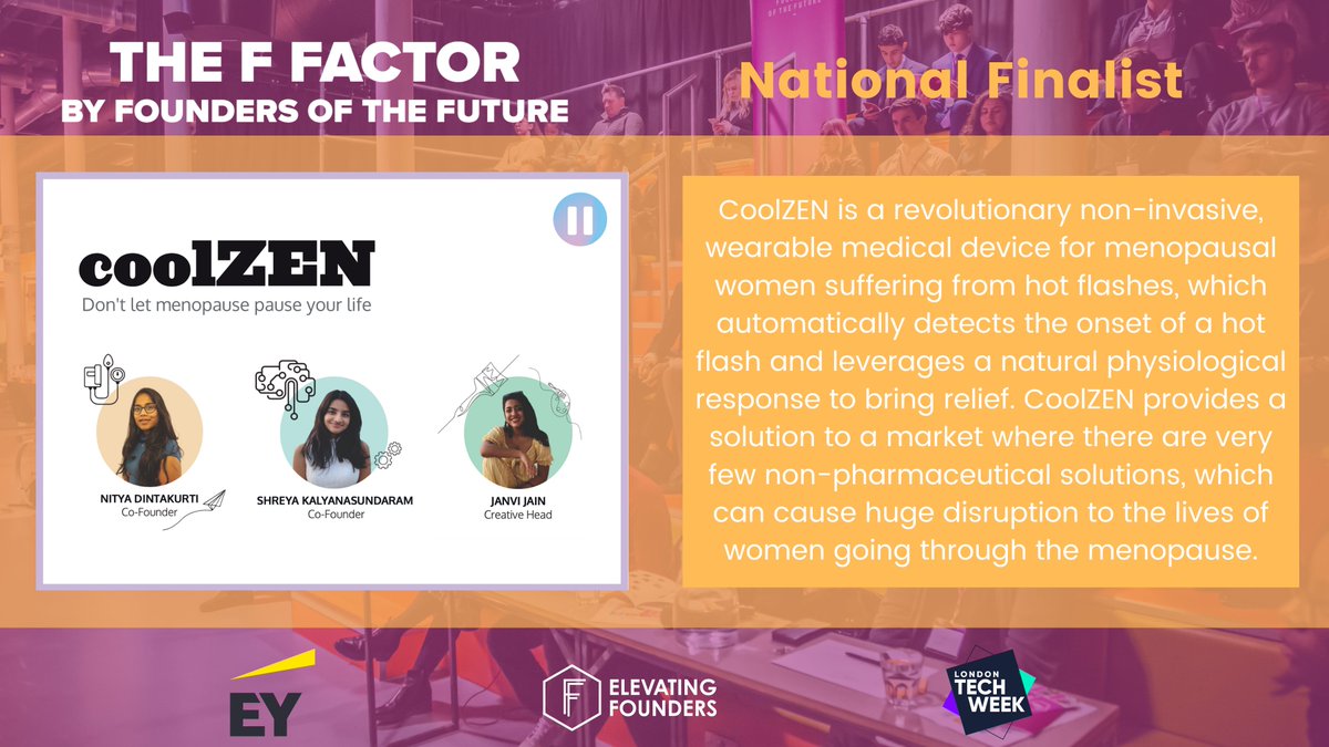 💥HIGHLIGHT FRIDAY 💥 

This Friday we introduce CoolZEN, the non-invasive werable medical device for menopausal women 💜 
👉 
Great to have Shreya pitch at the National Finals in September at <a href="/LDNTechWeek/">London Tech Week</a>   🚀 
#THEFFACTOR #foundersofthefuture #elevatingfounders
