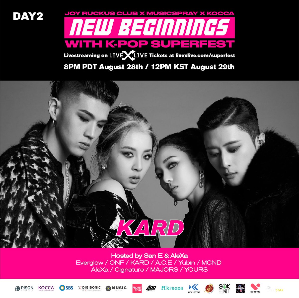 KARD_Official's tweet photo. [#KARD]
New Beginnings With K-Pop SuperFest!  

✔️Day 2! Aug 28 8PM PDT (Aug 29 12PM KST)
✔️Ticket : https://t.co/7df9rkUXeb
✔️Live streaming : @livexlive

#BM #SOMIN #JIWOO
#카드 #비엠 #소민 #지우
#KpopSuperfest #NBK #Newbeginnings
@musicspray_net @joyruckusclub https://t.co/Lpx3UQaDEk