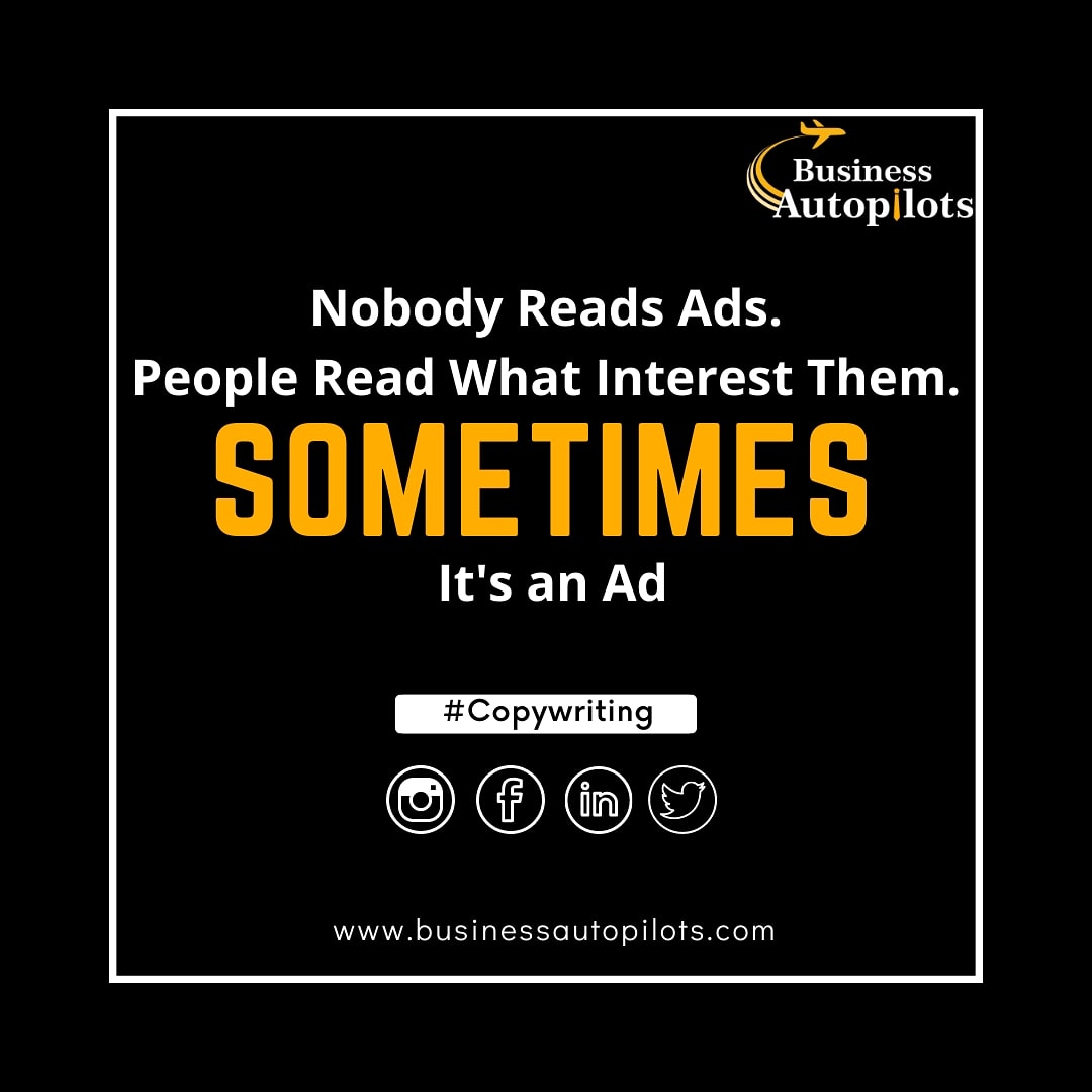 BAutopilots's tweet image. Nobody Reads ads..

Not even mine!

People are interested in their problems and solutions..that&apos;s it!

#BusinessAutopilots 
#copywritingblog #copywritingforbusiness #copywritingtips #copywritingagency #Copywriting #advertisement #marketing #digitalmarketing