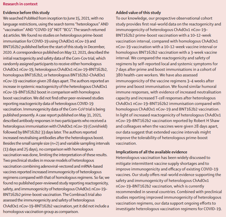 NEW Research—Heterologous ChAdOx1 nCov-19–BNT162b2 immunisation w/ 10–12-week interval is well tolerated &amp; improves immunogenicity vs homologous ChAdOx1 nCov-19 vax w/ 10–12-week interval &amp; BNT162b2 vax w/ 3-week interval

Study from Prof Sander &amp; co bit.ly/3ADQHvh