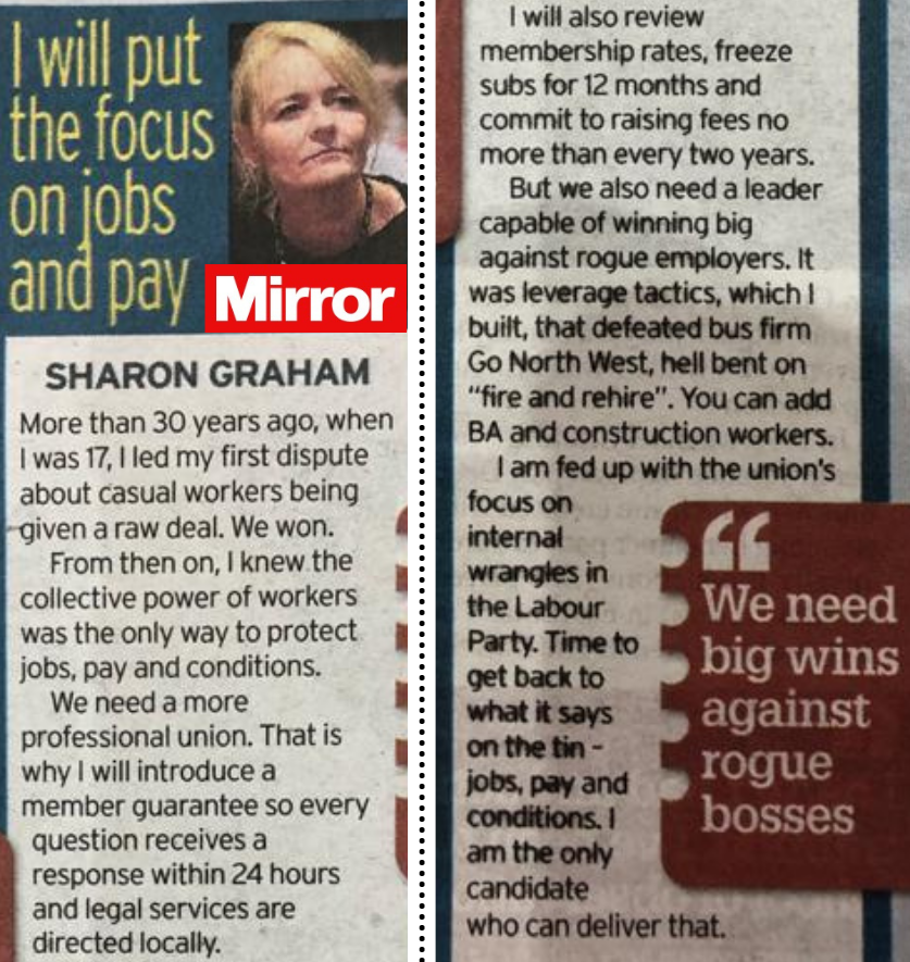 UniteSharon's tweet photo. As General Secretary I will deliver for our members. Collective power is the only way to protect jobs, pay and conditions. There will be no 'no-go' areas, together we will win big against rogue bosses. @DailyMirror  #VoteSG4GS https://t.co/Yw7GcprTM8