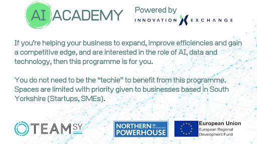 Act now! You’ve seen our information about the new support programme - AI Academy, powered by <a href="/innov_xchange/">Innovation Exchange</a>… 

Still not sure if AI Academy is right for you?

Click for full course content and apply by August 16th : capitalenterprise.org/ecosystem-deve…  #AI #southyorkshire #innovation