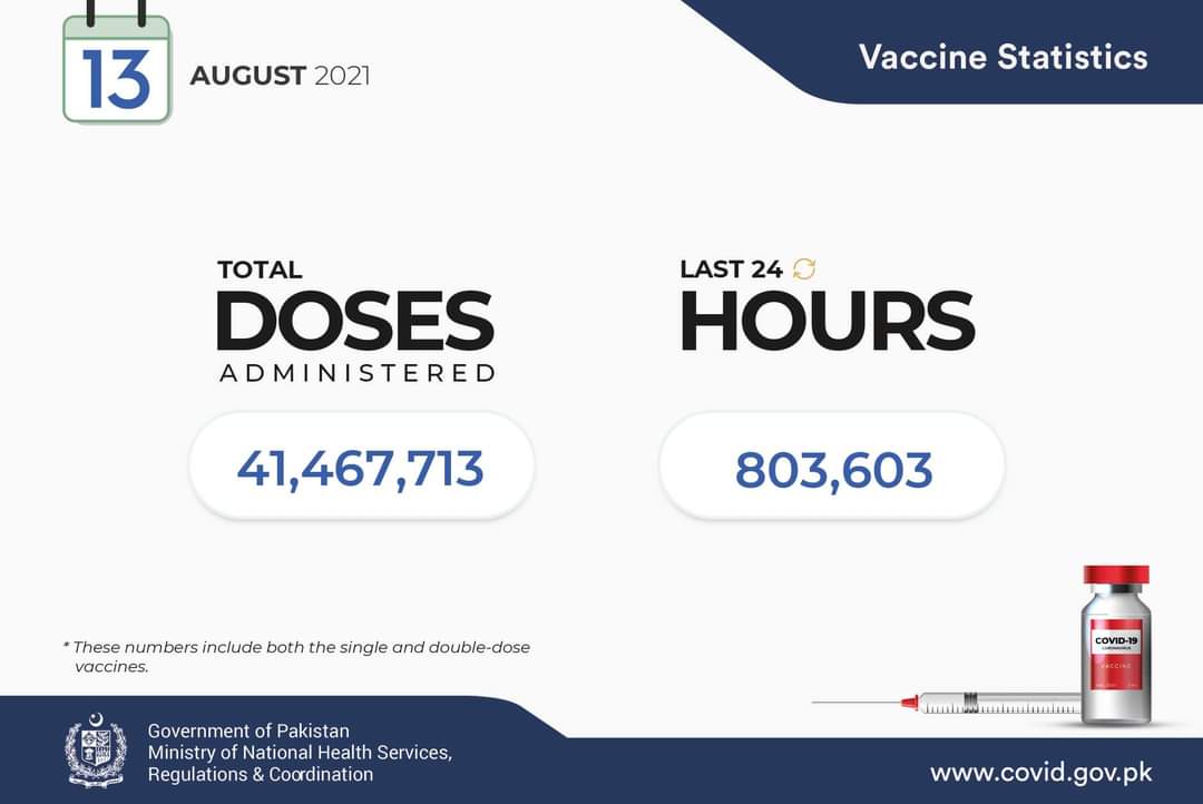Pakistan: Daily update on #vaccine doses administered

Total doses administered till now: 41.4 million
Doses administered in last 24 hours: 8.03 lakh