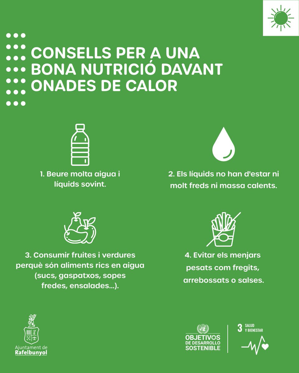 🌡☀️ L’onada de calor durarà tot el cap de setmana, per això, hui vos recordem els consells per a dur una bona nutrició durant aquests dies i l'estiu en general.

#onadadecalor #temperaturesaltes #consells #ajuntamentderafelbunyol #rafelbunyol