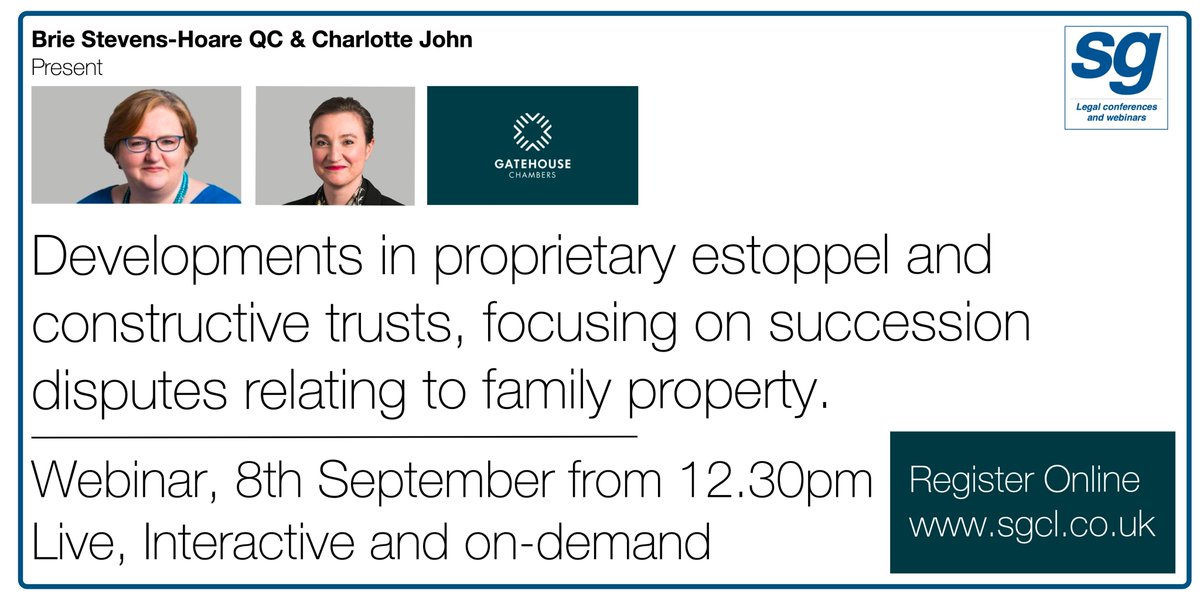 New #privateclient webinar for 8th September. 
Developments in proprietary estoppel and constructive trusts, focusing on succession disputes relating to family property
Presented by @BrieQC and <a href="/LottieJohn1/">Charlotte John</a> 
#contentiousprobate #trusts #Wills