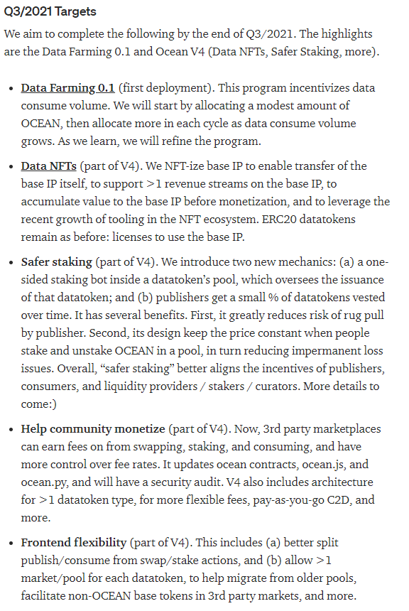 trentmc0's tweet photo. We've recently tuned the @oceanprotocol roadmap. 

Highlights of what's coming:

Q3
- Data Farming 0.1
- Data NFTs
- Safer staking

Q4
- Data Farming main
- OCEAN stablecoin in Ocean Market
- Federated Learning https://t.co/0koFiFsfWr