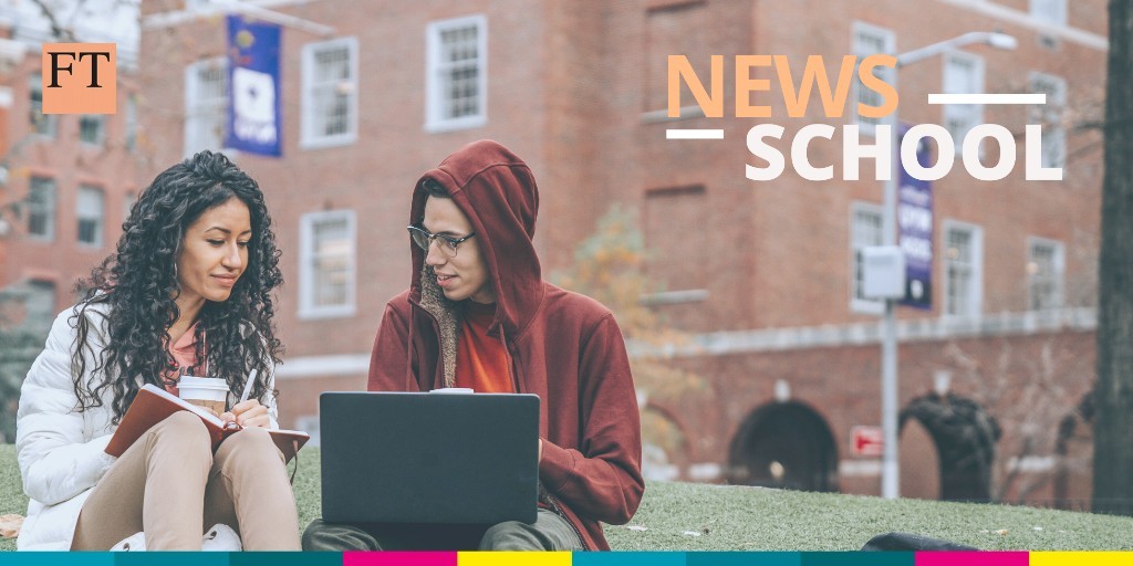 Photo of a young woman and man sitting on grass with a laptop in front of a red brick building. The FT logo and the text News School are at the top of the image.
