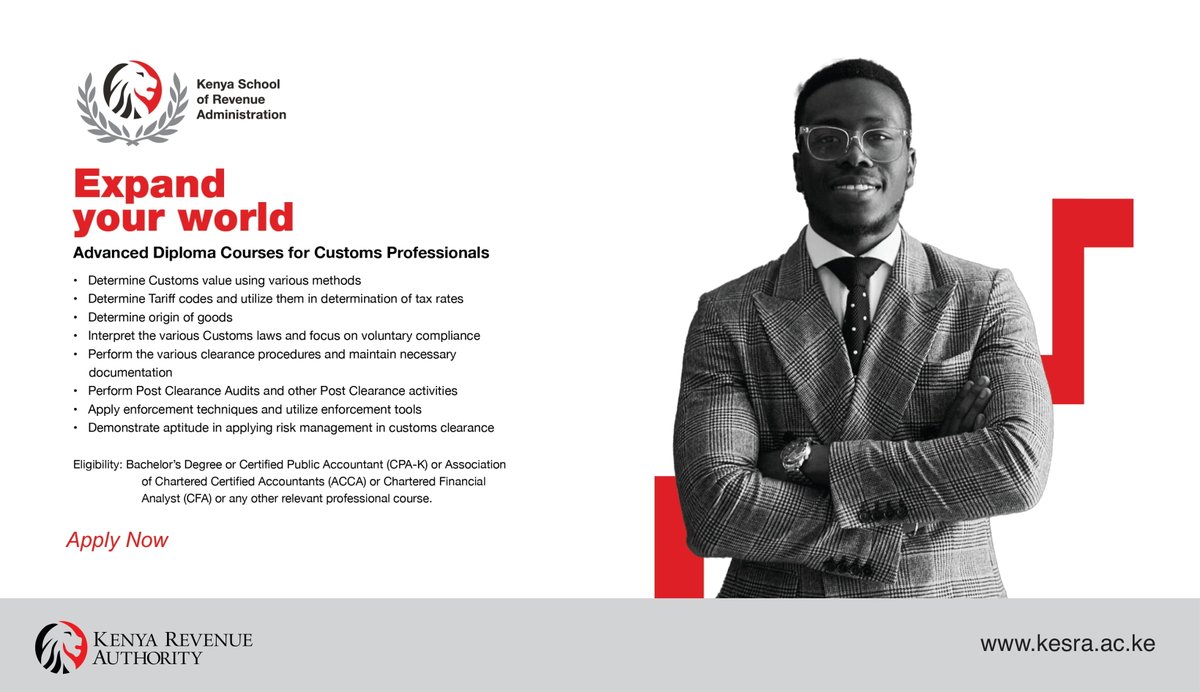 ntvkenya's tweet photo. SP: Are you a working professional? Develop in-depth understanding of taxation with Advance Diploma courses in Tax or Customs Administration by learning from experts.
Visit: https://t.co/XYGaAWSdKj
Email: admissions@kra.go.ke
@KESRA_KRA
#KESRA #BeTaxSmart #September2021intake https://t.co/mzXB8qwUYS