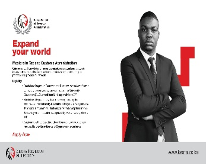 ntvkenya's tweet photo. SP: Enroll today for Masters in Tax or Customs administration.
For more details:
- Visit https://t.co/XYGaAWSdKj or
_ Email: admissions@kra.go.ke
@KESRA_KRA
#KESRA #BeTaxSmart #Septemberintake https://t.co/u7XnCqtWdH