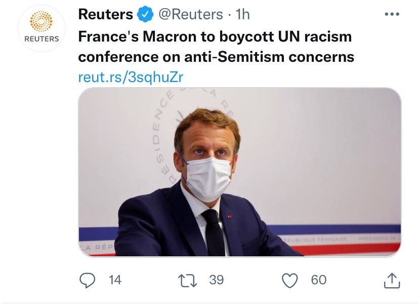 HillelNeuer's tweet photo. BREAKING: France pulls out of UN’s Durban IV racism conference over antisemitism concerns. https://t.co/nPS2zxOhmV

Merci, Monsieur le président @EmmanuelMacron. 🇫🇷 https://t.co/l8c1F30JJI