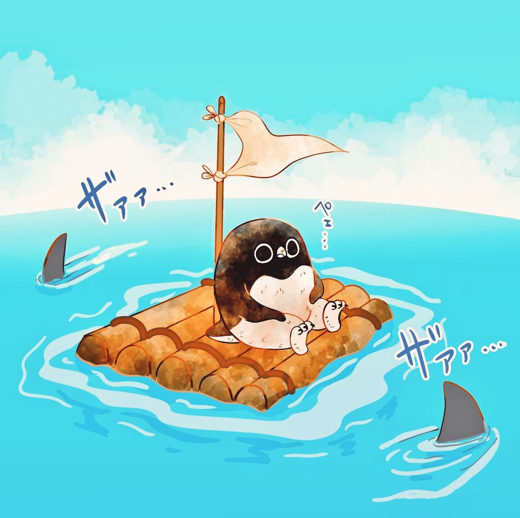 「【遭難】
海の上で遭難したアデリーペンギン。
気がつけばどこを見渡しても海…忍び」|おぞね🐧ペンギン漫画連載中のイラスト
