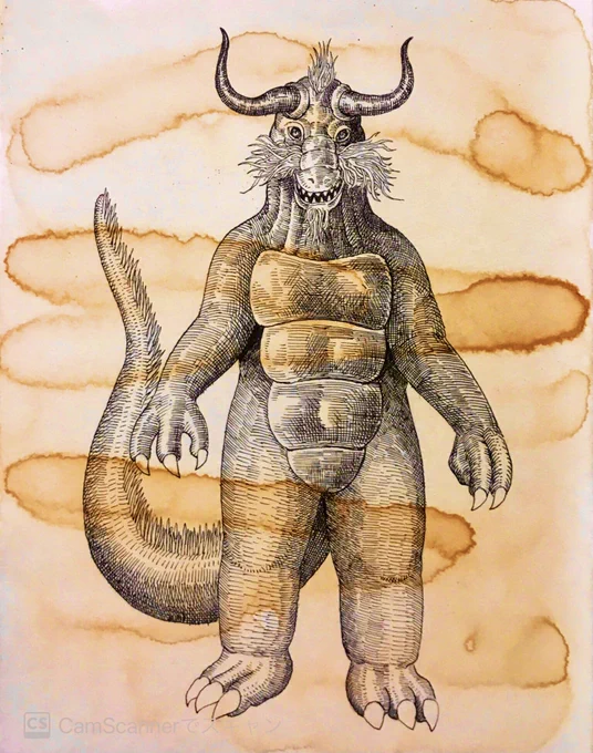 昔のペン画。レスラーっぽい体の怪獣 