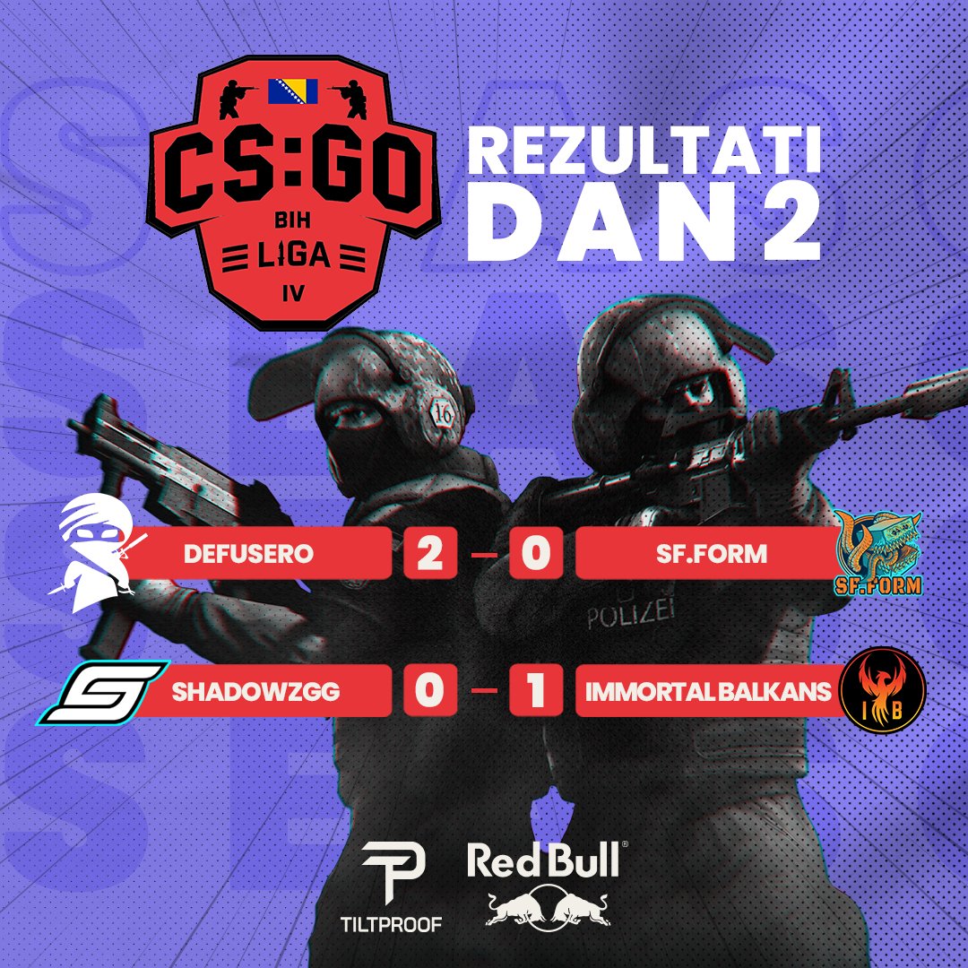 tiltproofgg's tweet photo. Sinoć je odigran drugi takmičarski dan #CSGOBiHLiga, gdje smo gledali odlične mečeve između ekipa #Defusero vs #SFFORM i #ShadowzGG vs #ImmortalBalkans.
Večeras nastavljamo sa trećim danom lige, pa #staytuned za objave i vidimo se u 19:00 na našem YT kanalu.
#CSGO #GledajLigu https://t.co/dCV2824GL3