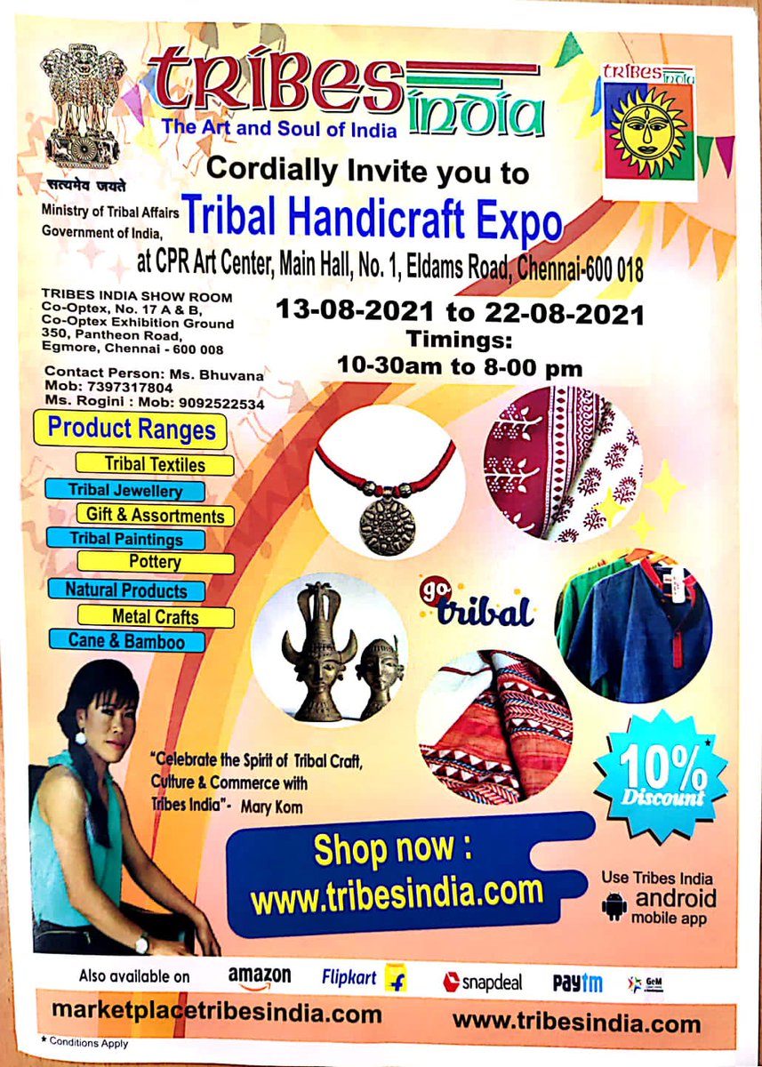 Tribes India Cordially invites you to Tribal handicraft expo at CPR Center Alwarpet.