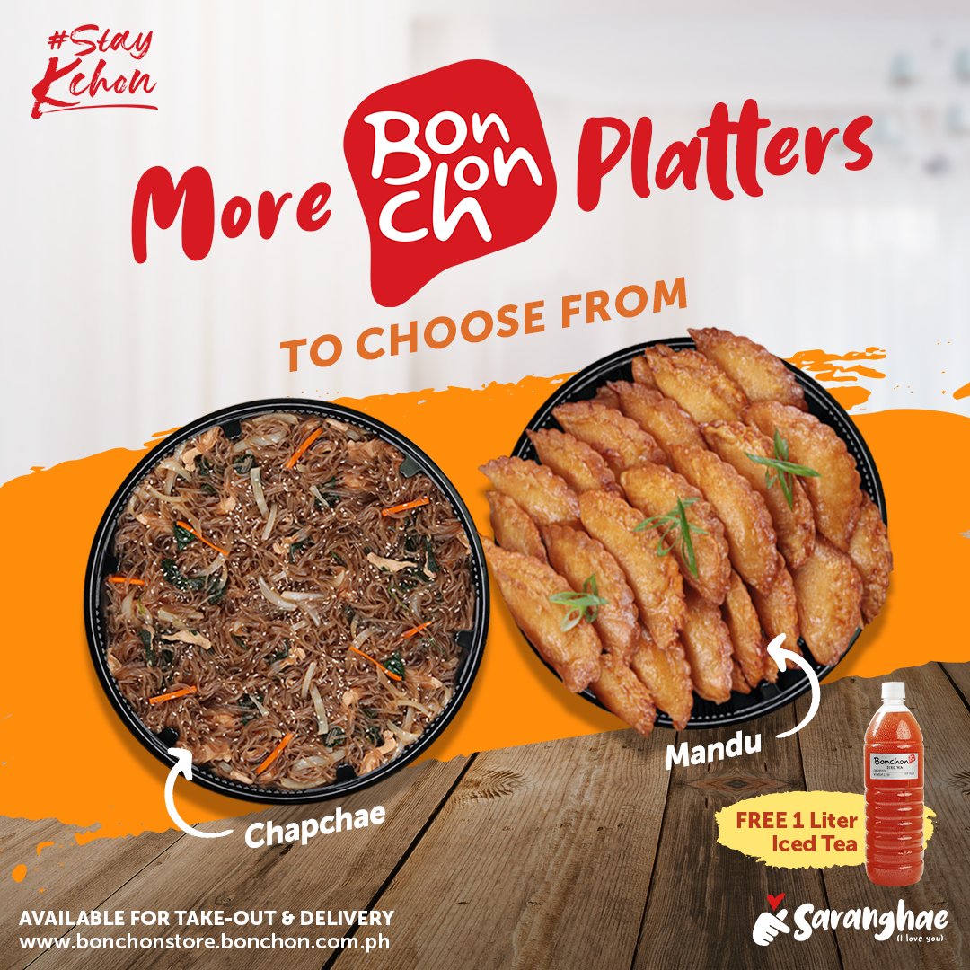 BonChon_PH's tweet photo. There’s no better way to spend your weekend than having a fun #stayKchon with your family over delicious Bonchon treats. 

Get FREE 1L Ready to drink Premium Iced tea with a Chicken Rack or any Medium and Large Party Platter! Save 115. https://t.co/Cznkh9BxBs