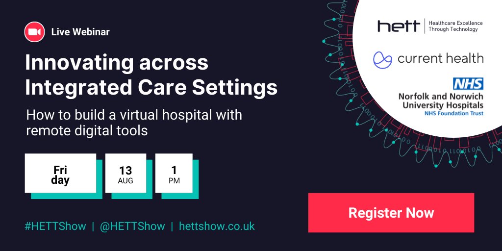 HETT Show (@hettshow) on Twitter photo ⏰ Live Webinar Today @ 1 PM (BST): Innovating across #IntegratedCareSettings
Join <a href="/HeyCurrent/">Current Health</a> & <a href="/NNUH/">Norfolk and Norwich University Hospitals</a> as they share the #DigitalTransformation strategy & technology used to enable Norfolk’s #virtualward programme to a system-wide 24/7 service. hubs.ly/H0VdBrZ0 ⏰ Live Webinar Today @ 1 PM (BST): Innovating across #IntegratedCareSettings
Join <a href="/HeyCurrent/">Current Health</a> & <a href="/NNUH/">Norfolk and Norwich University Hospitals</a> as they share the #DigitalTransformation strategy & technology used to enable Norfolk’s #virtualward programme to a system-wide 24/7 service. hubs.ly/H0VdBrZ0
