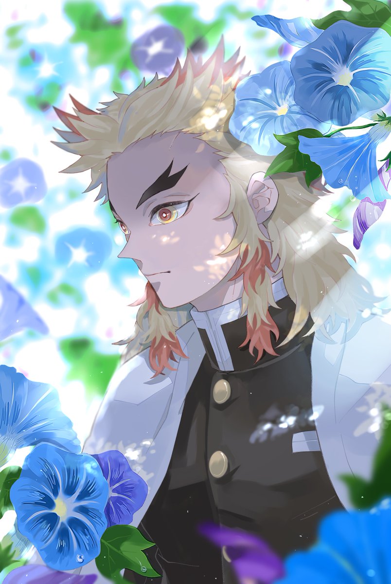rengoku kyoujurou 1boy flower male focus forked eyebrows solo demon slayer uniform blue flower  illustration images