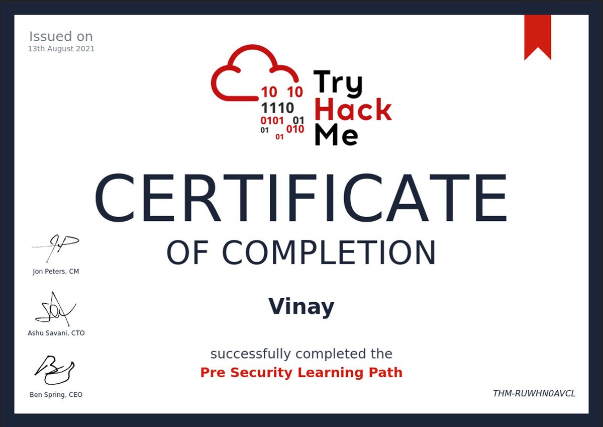 Vinnu016's tweet image. Thanks @RealTryHackMe 

I can&apos;t believe..!! I Completed #PreSecurity in 2 days..
If you want to learn some networking or brush up on the stuff you might have learnt months ago this is a perfect way.

#tryhackme #presecurity #100daysofhacking #cybersecuritytraining #cybersecuity