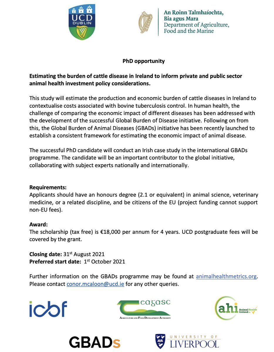 Global Burden of Animal Diseases (@gbadsglobal) on Twitter photo New #GBADs PhD opportunity available <a href="/UCDGS/">UCD Graduate Studies</a>
Apply here: ucd.ie/graduatestudie…
Closing Date: 31st August
#GraduateStudies #PhD New #GBADs PhD opportunity available <a href="/UCDGS/">UCD Graduate Studies</a>
Apply here: ucd.ie/graduatestudie…
Closing Date: 31st August
#GraduateStudies #PhD