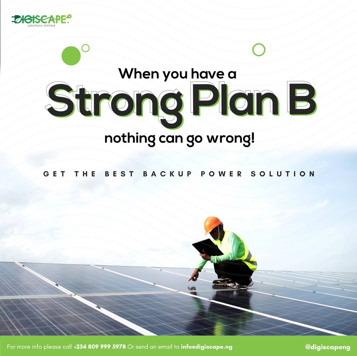 DigiScape Solutions Ltd (@digiscapeng) on Twitter photo Don't settle for less when it comes to your backup power solution. Having a strong plan B means nothing can go wrong. 
Send us a DM or contact +234 809 999 5978 today to get the best back-up power solutions.
#backuppower
#planbpower
#dotheswitch
#switchtosolar
#digiscapeng Don't settle for less when it comes to your backup power solution. Having a strong plan B means nothing can go wrong. 
Send us a DM or contact +234 809 999 5978 today to get the best back-up power solutions.
#backuppower
#planbpower
#dotheswitch
#switchtosolar
#digiscapeng