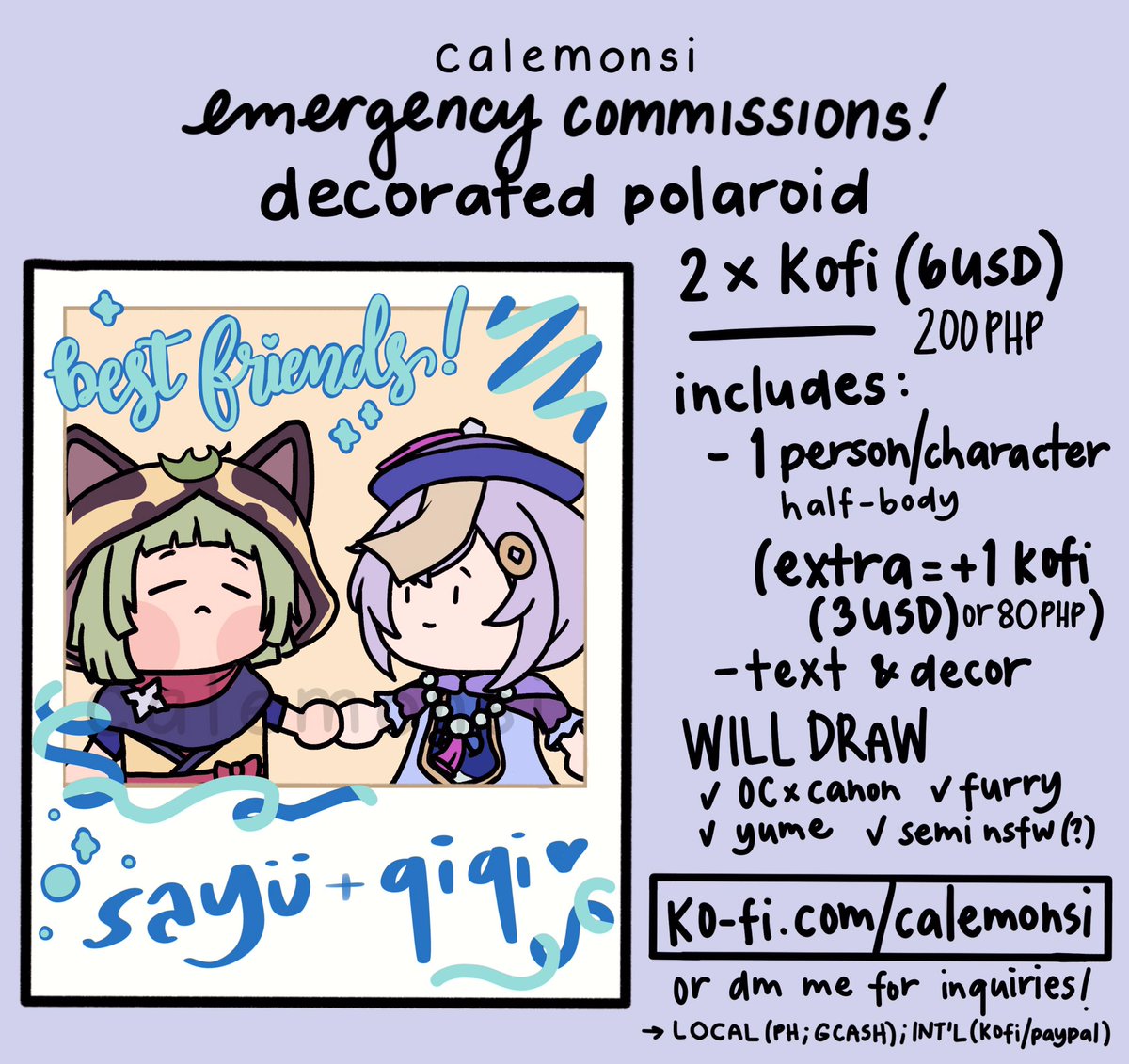 EMERGENCY COMMISSIONS = OPEN ✅

RTs are super appreciated! 💕
I'm out of funds to buy my PCOS meds and therapy, and I just have enough money for necessities (food, utilities, etc). I also still need to pay my mum for my laptop. 

dm me, or send me a kofi with a message and ur @ 