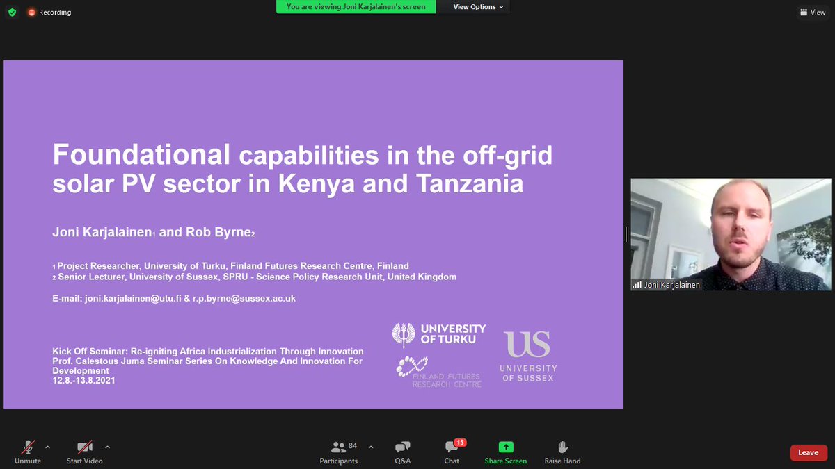 Joni Karjalainen - University of Turku, Finland Futures 
Research Centre - is discussing key concepts of a research project on innovative capabilities in solar PV 
firms in Kenya and Tanzania.#CJLectureSeries #ProfCalestousJuma #STI4SDGs #InclusiveKnowledge