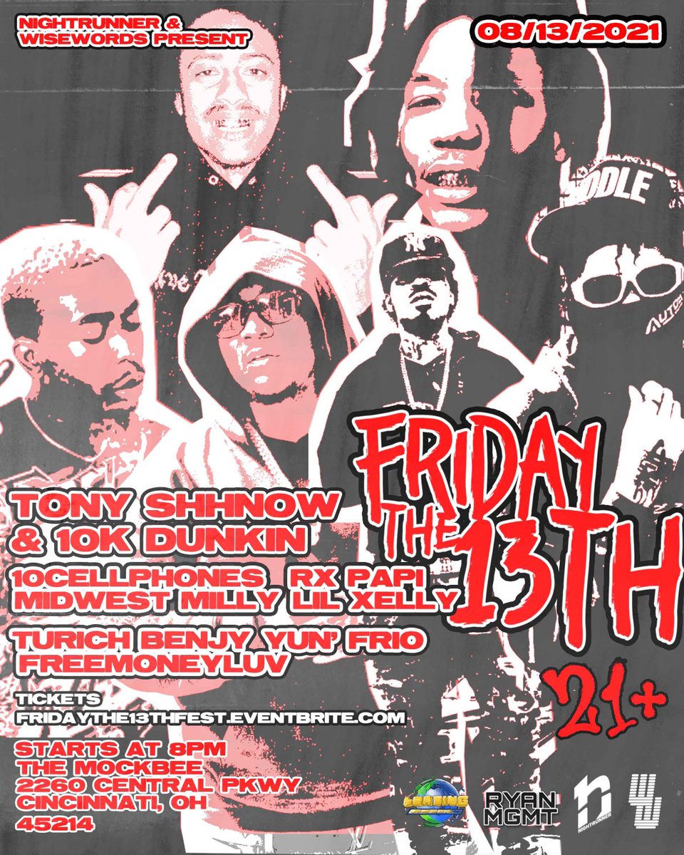 Friday The 13th Fest TONIGHT
<a href="/TheMockbee/">The Mockbee</a> 
2260 Central Pkwy.

Doors open 8pm

Performing LIVE:
<a href="/tonyshhnow/">LLX</a>
<a href="/10KDunkin/">SMOOTHEST2EVADOIT</a> 
<a href="/who10cellphones/">10cellphones</a>
<a href="/lilxelly/">🎿rr</a>
@4MIDWESTMILLY 
<a href="/turichbenjy/">Turi$h Benjy</a> 
<a href="/rxpapii/">Rx Papi</a>
+ more!

Sounds by <a href="/xZelusx/">7€£U$</a>

Get your tickets now before it sells out: eventbrite.com/e/friday-the-1…
