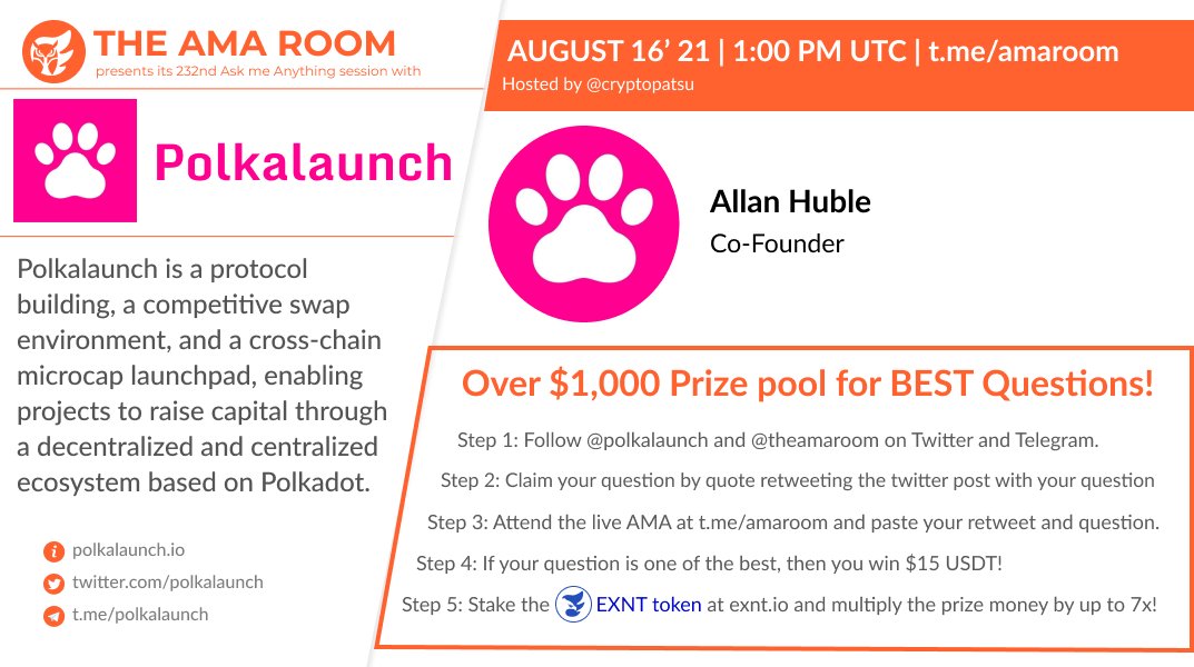 Join @Polkalaunch with your host <a href="/cryptopatsu/">CryptoPatSu</a> for another #AMA 🔥

⌚️August 16 | MON | 13:00 UTC
💰Over $1000 #Prize Pool
✔ QUOTE RETWEET this WITH your question to qualify!
📍t.me/amaroom

#PolkalaunchxTheAMARoom $POLA #AMARoom #Giveaway 

ℹ️ t.me/amaroomnews/205