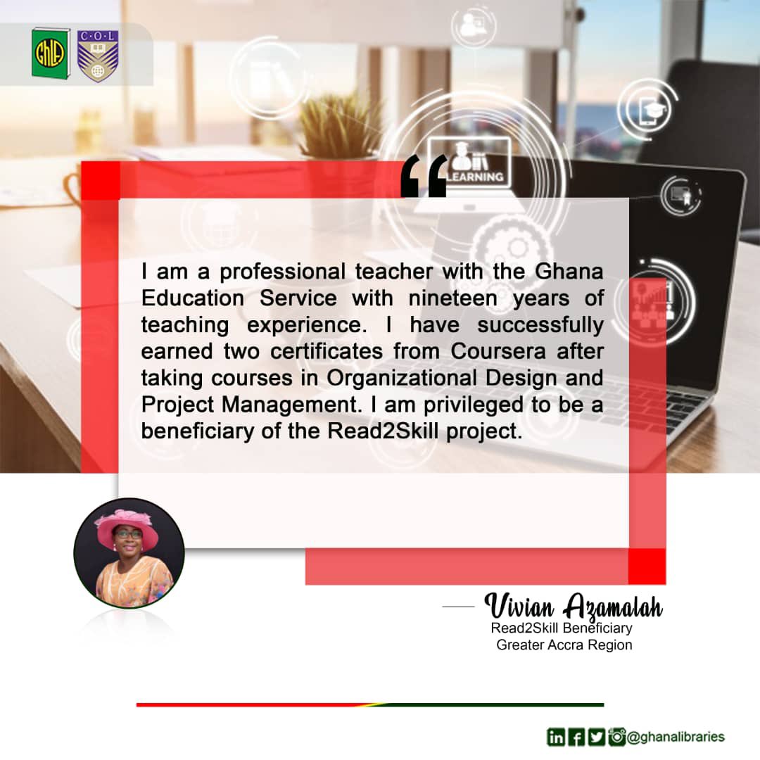 ghanalibraries's tweet photo. How are you benefiting from our Read2Skill programme?

This is  a testimonial from a beneficiary.

Do share your story with us.

#Read2Skill
#LBFLibraryoftheYear
#EliminatingLearningPoverty https://t.co/oNubpb0CMA