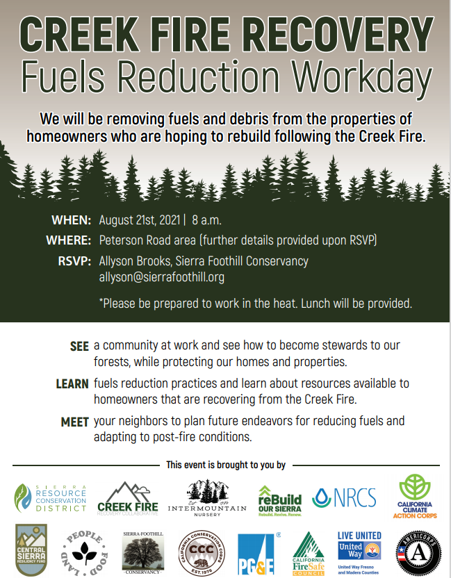 HandsOnCC's tweet photo. The Sierra Fotohills Conservancy is looking for volunteers to help victims of the Creek Fire with recovery. Volunteers needed to help remove brush and debris from affected properties to help property owners with rebuilding. Visit https://t.co/fUvycgbOVk to sign up. #bethechange https://t.co/2OXjsjGqst