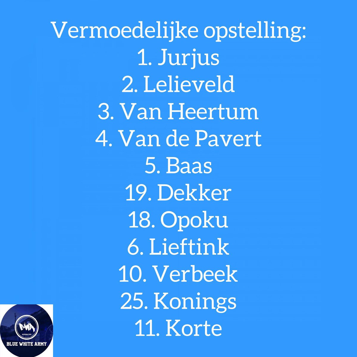 De vermoedelijke opstelling voor vanavond. Geen wijzigingen ten opzichte van vorige week!
