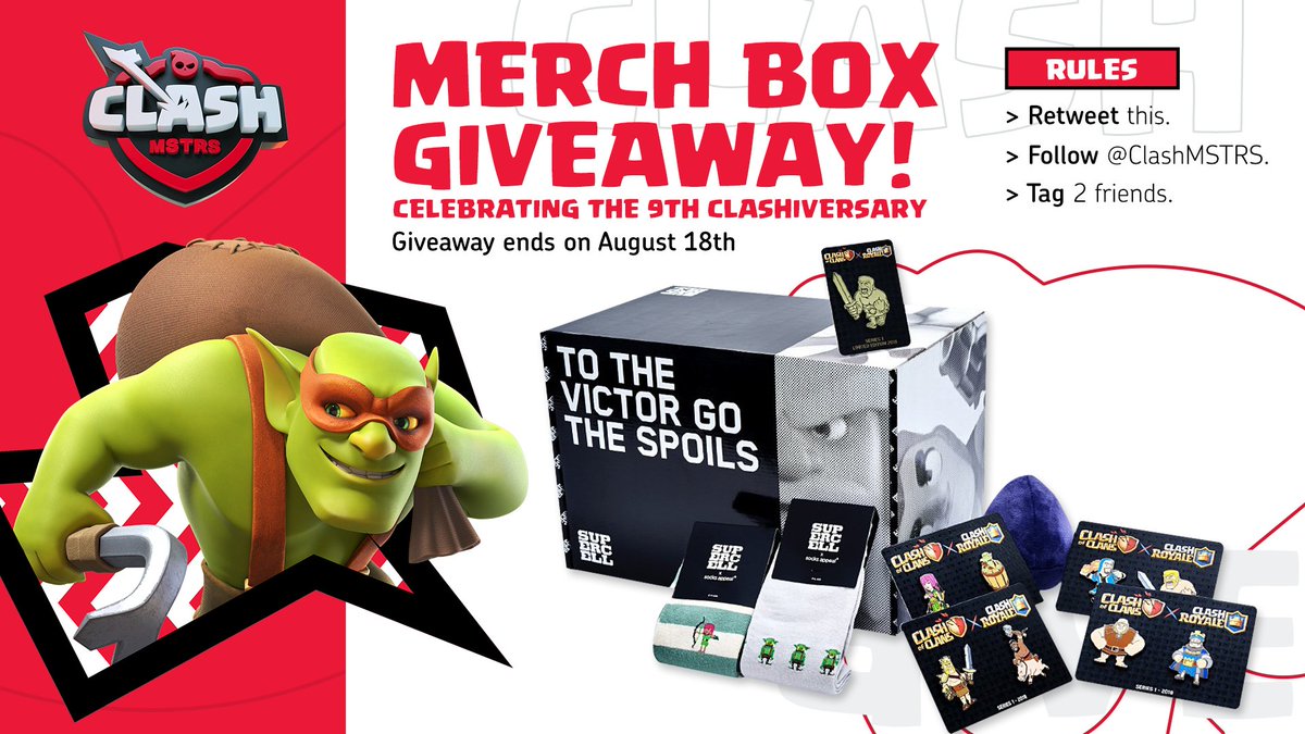 We're giving away a Merch Box to celebrate <a href="/ClashofClans/">Clash of Clans</a>' 9th-year Clashiversary!

Enter by following the steps below:
🔁 Retweet this
➡ Follow <a href="/ClashMSTRS/">ClashMSTRS</a> 
🤝 Tag 2 friends

Winners will be picked on August 18th, good luck!