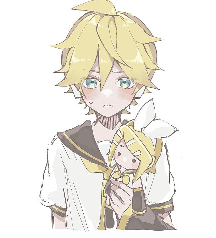 kagamine len ,kagamine rin blonde hair character doll 1boy sailor collar holding shirt upper body  illustration images