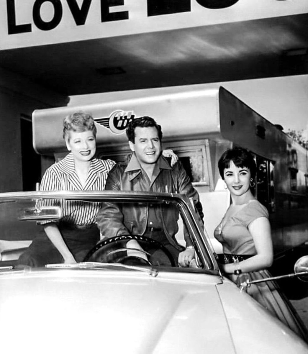 Elizabeth Taylor visiting Lucille Ball and Desi Arnaz on set of The Long, Long Trailer (1954)