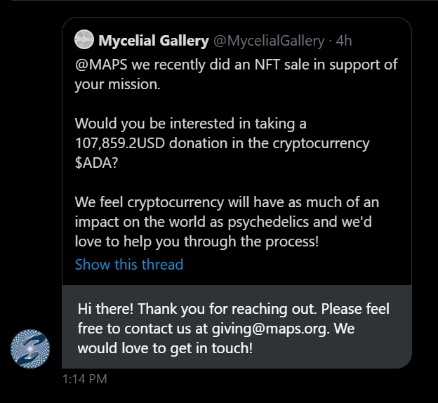 bigpey's tweet image. I think this may be mission completed!

I will reach out further to MAPS and keep you updated. I will also let you know if I can get an address that everyone can donate to!

This is very cool. $ADA #Cardano @MycelialGallery