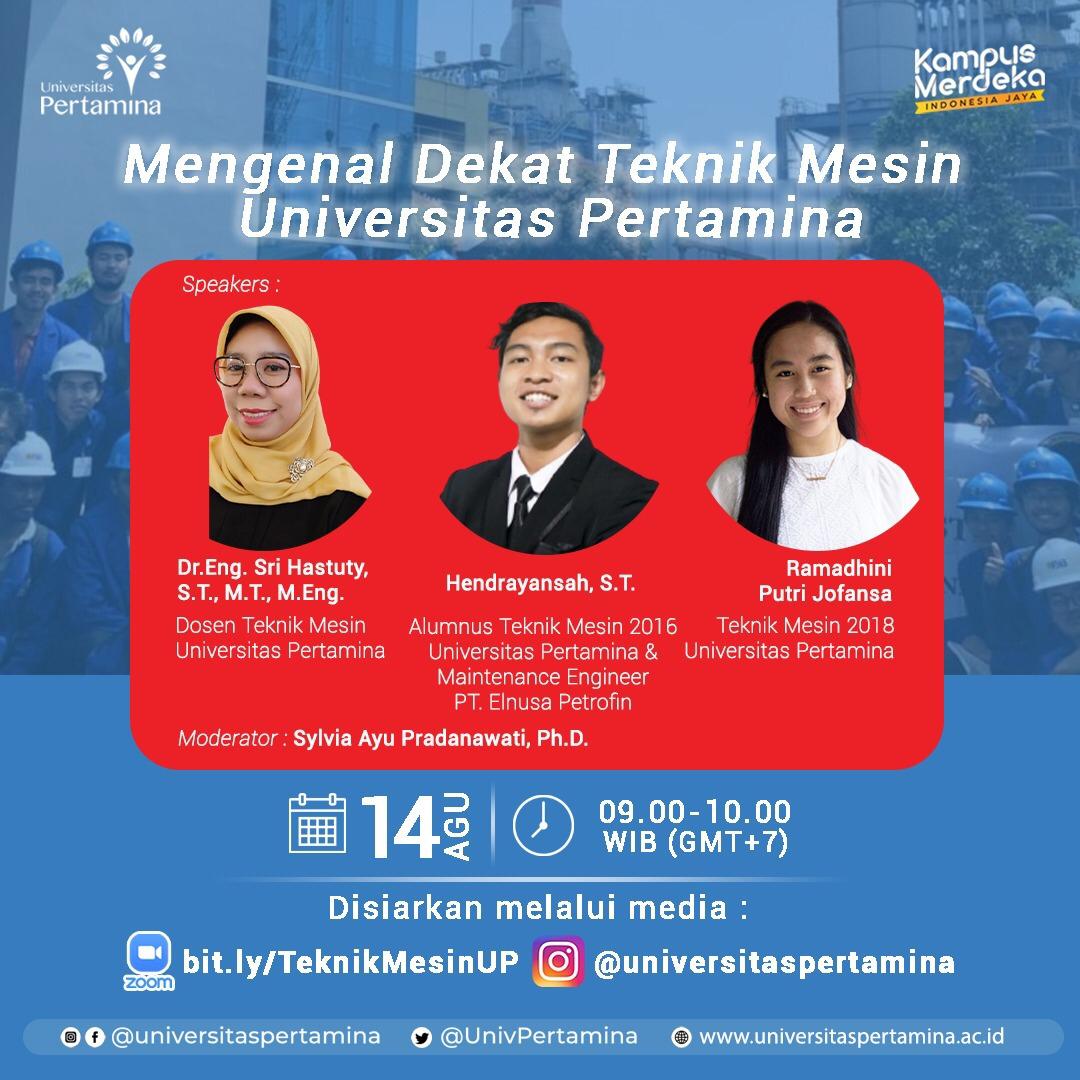 babyryeosomnia's tweet photo. Mau lebih kenal dengan Teknik Mesin Universitas Pertamina, Yuk ikut bincang bersama para Alumnus yang akan diadakan Sabtu , 14 Aug 2021 jam 09.00-10.00

Via Zoom di : https://t.co/SG8tvjZJkb 

Dan akan ada Live Instagram @UnivPertamina #UniversitasPertamina https://t.co/JtTnW6bGMF