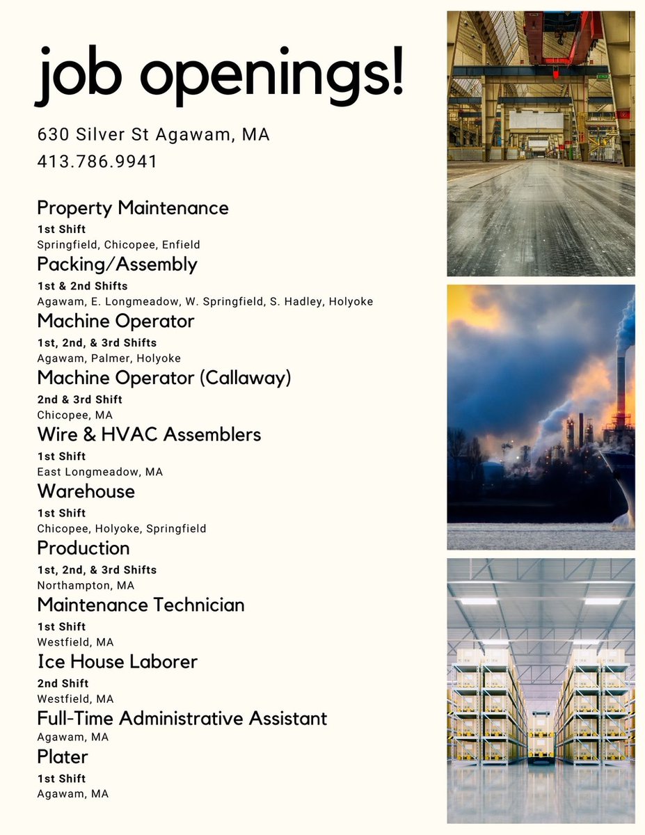 ReliableTemps's tweet image. We're #hiring ! Immediate openings available. Call our Agawam office today for more information - 413-786-9941!