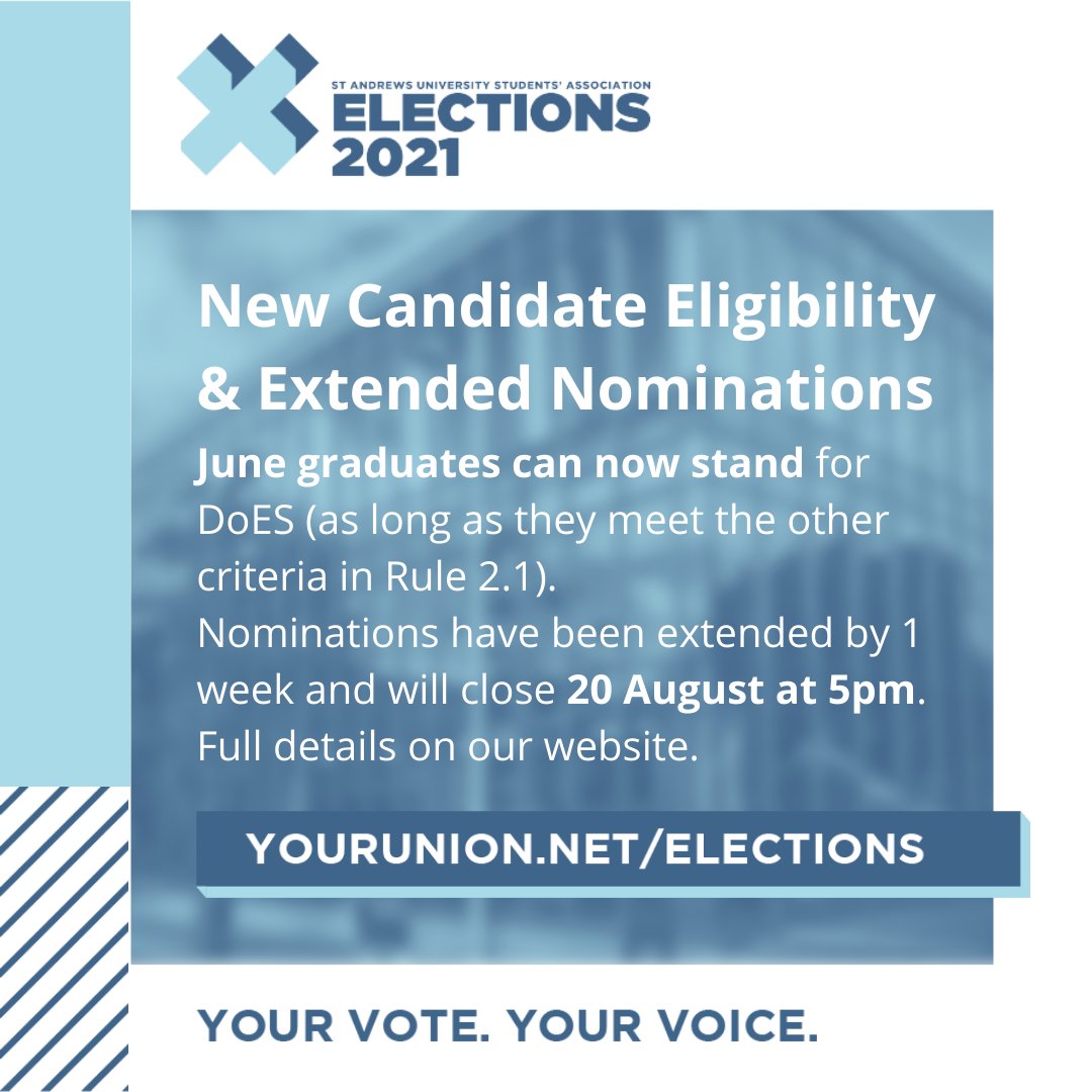 The nominations period has been extended! 
Following recent conversations with the University, the candidate eligibility has been changed to include June graduates! 

Nominate yourself before 5pm Friday 20th: yourunion.net/elections