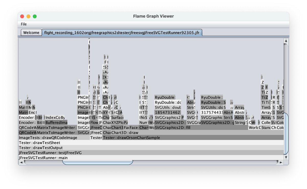david_m_gilbert's tweet image. Taking a look, using Java Flight Recorder, at where I could optimise the performance of JFreeSVG even more.  Now off on a tangent rolling my own Flame Graph (which maybe I'll incorporate into JFreeChart once it is fully baked). #java #java2d #jfr