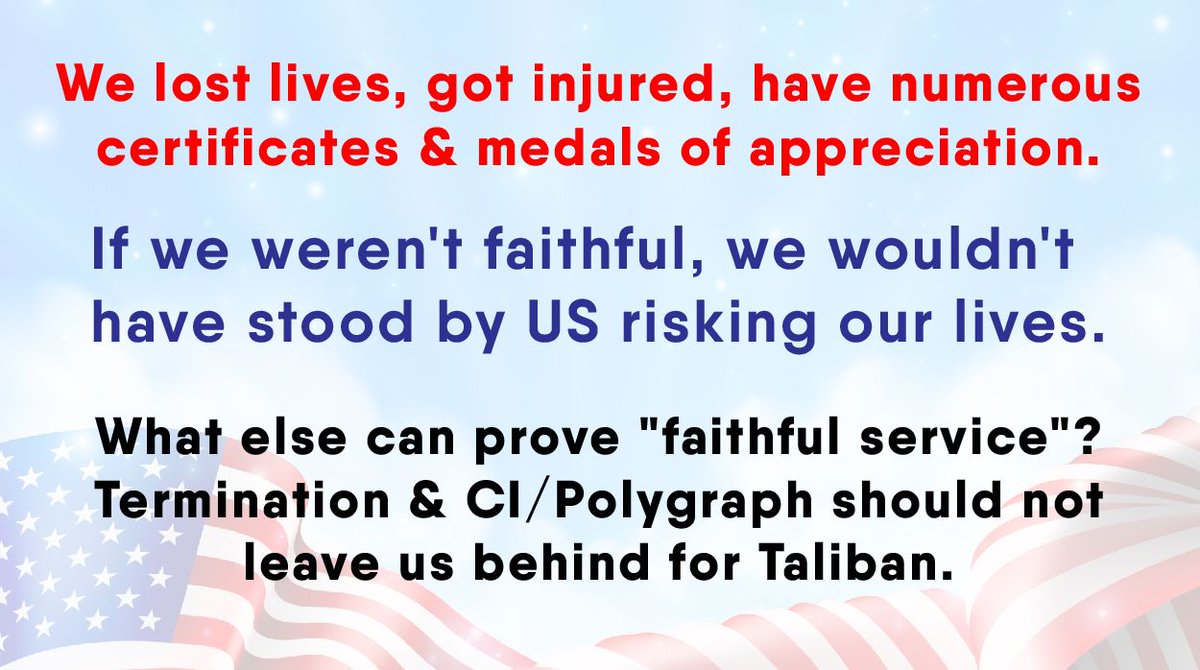 Mustafa27518223's tweet photo. We are hundreds of Afghans who served #US #mission &amp; now left behind for Taliban's retaliation. Our #SIV applications were denied due to termination/Polygraph/short employment period/lacking recommendation or HR letter.
@POTUS @michaelrulli @SenatorShaheen @michaelgwaltz @maddow https://t.co/KsA6Msc6KF