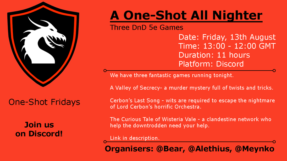 OneShotFridays's tweet photo. https://t.co/uW7O2sxAXQ

We're back at it again with three more smokin' hot one-shot DnD games 🔥. Why haven't you joined our server yet?

#dnd #dndoneshot
#ttrpg #tabletopgames #tabletoprpg #oneshotfriday #OSF #oneshot #dndgames #playdnd #dnddiscord #dndserver https://t.co/QnPReQnLPq