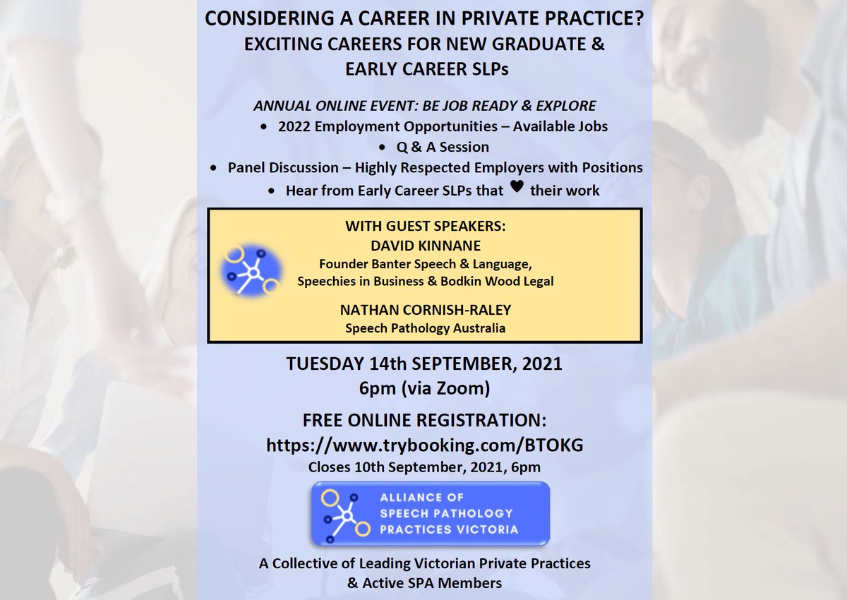 ****** EARLY CAREER &amp; NEW GRAD info session ********* trybooking.com/BTOKG Free online event. Vital info presented by David Kinnane &amp; SPA's Nathan Cornish-Raley <a href="/speechbloke/">David Kinnane</a>. Registrations open. Please retweet #slp2bchat #WeSpeechies #slpeeps.