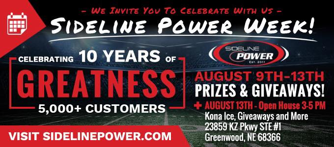 It's officially the 10 year anniversary of Sideline Power! 🎉🥳Come celebrate at our office from 3-5pm today! 23859 KZ Pkwy STE #1, Greenwood, Nebraska. There will be free refreshments including Kona Ice! Stick around for a tour of our facility and the Ribbon Cutting! #PoweredUp