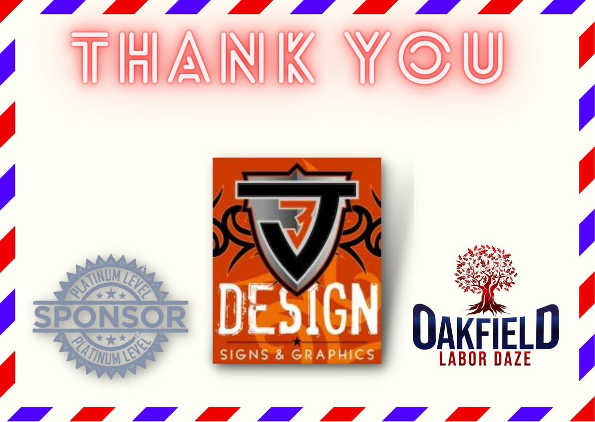 OABetterment's tweet photo. Thank you J3 Design for being a Platinum Sponsor of Oakfield Labor Daze. Please give their Facebook page a like and give them a call for Signs, Graphics, Banners, Vehicle Graphics, Apparel, Design Services and more. Thanks Jerry! #LaborDaze #TrianglePark #Oakfield https://t.co/eyQUNiYVhL