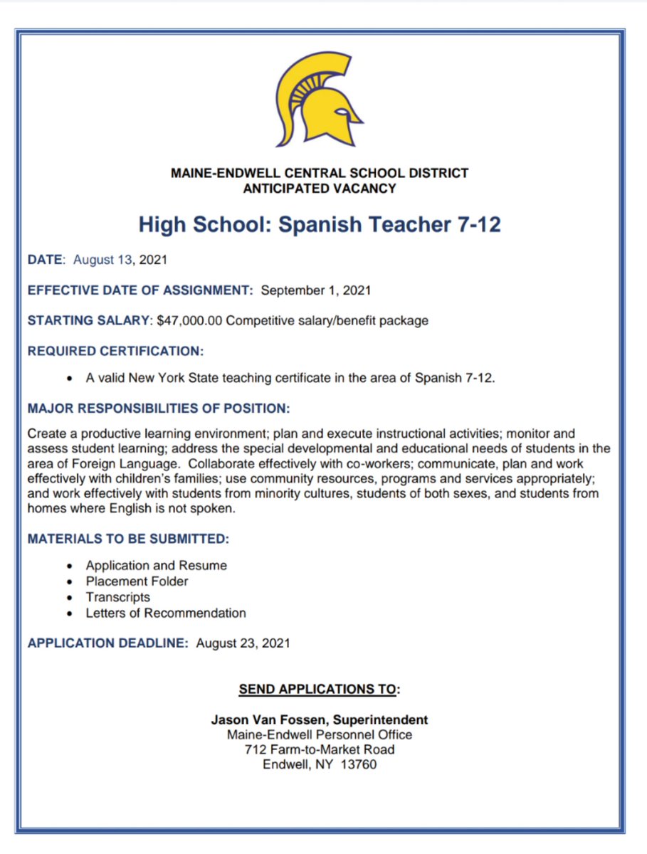 .<a href="/MECSDSpartans/">Maine-Endwell</a> is hiring a Spanish Teacher. I love being a Spartan and would love to have you join us!! 💙💛 @MsMurphyMEHS <a href="/MEHSPrincipal/">Thomas Burkhardt</a> <a href="/mehspapa/">Elyse</a> <a href="/JenniferYurko/">Jennifer Yurko</a> <a href="/VanFossenJason/">Jason Van Fossen</a>