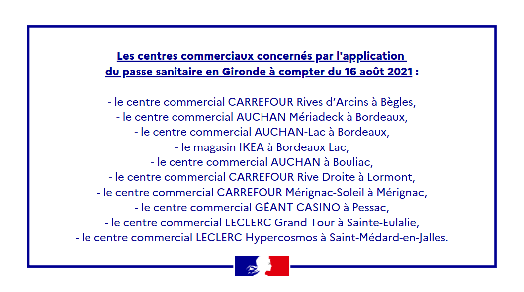 PrefAquitaine33's tweet photo. #COVID19 | Dès lundi 16 août 2021, 
✅le #PassSanitaire sera obligatoire dans les 10 ➕grands centres commerciaux 
✅le port du masque😷 sera obligatoire dans les lieux soumis au pass sanitaire

Consultez ici la liste des centres commerciaux 👉https://t.co/wVwHbTkQPo https://t.co/CDrBXxEkmY