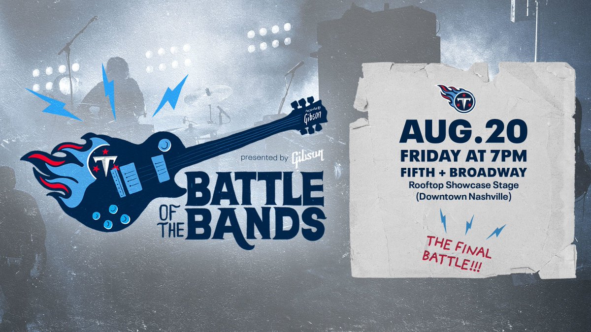 It's time to battle! ⚡🎸 <a href="/Titans/">Tennessee Titans</a> is hosting the inaugural Battle of the Bands at the new <a href="/FifthandB/">fifthandb</a> rooftop Showcase Stage next Friday! More info here: tennesseetitans.com/botb/