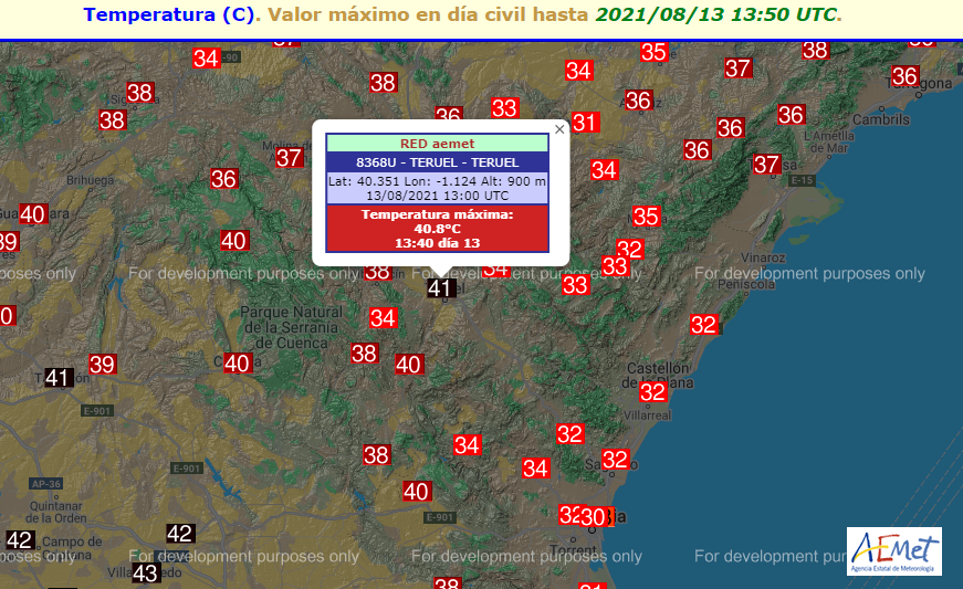 AEMET_Aragon's tweet photo. El observatorio de #Teruel acaba de batir la T máx de su serie climatológica 40.8 ºC (hasta ahora 40.2 ºC 10/08/2012), este mismo año en que batía batido también la T mín absoluta (-21 ºC 12/01/2021)
@eltiempo_atv @EvaBerlangaC @lasextameteo @ElTiempo_tve @ElTiempoes https://t.co/uZh5R60PBa