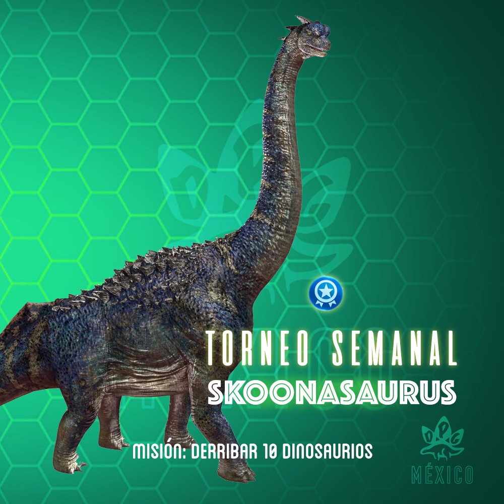DPGMexico's tweet photo. #ÁmonosResio equipo! 

El #SKOONASAURUS es uno de los mejores dinos para tu equipo. Asegúralo jugando en el torneo derribando 10 dinos para sumar tus puntos de alianza.

#dpgmexico #jwamexico #jurassicworldalive https://t.co/7lJ4oozcGf
